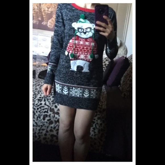 โ๏ธ Tunic Sweater Dress Christmas Polar Bear Grey - Picture 2 of 6